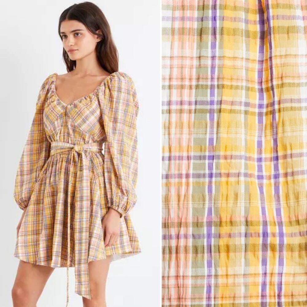 Tanya Taylor Yellow Plaid Mini Dress with Purple & Pink Accents